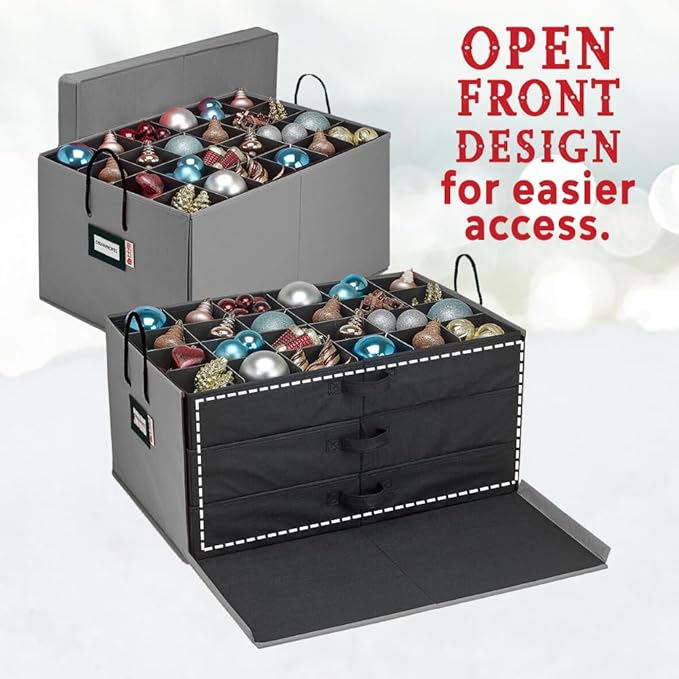 HOLDN’ STORAGE Christmas Ornament Storage Box with Dividers, Holds Up to 72 Ornaments (4 Inches), Large Organizer with 3 Stackable Trays - Gray