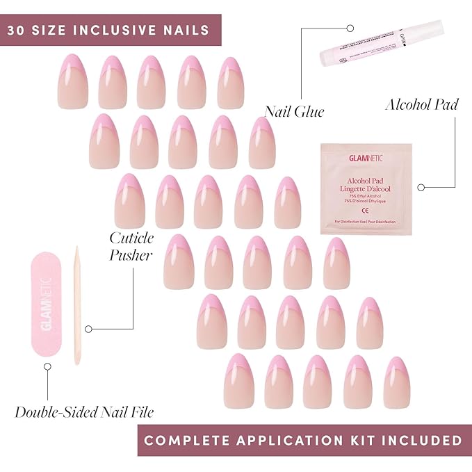 Glamnetic Press On Nails - Pink Macaron | Semi-Transparent Light Pink Pastel French Tip Short Almond Fake Nails in a Glossy Finish, Salon Quality | 15 Sizes - 30 Nail Kit