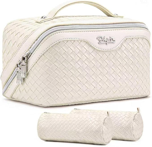 BOYATU Travel Makeup Bag Cosmetic Bags for Women: Large Capacity 3 Pcs Set Make up Bag with Compartments - Waterproof Vegan Leather Toiletry Organizer Bags with Handle (L09 Beige)