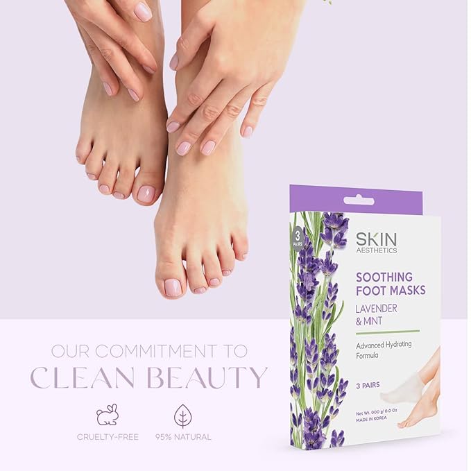 Skin Aesthetics Lavender & Mint Foot Masks - Repairs & Softens Cracked Feet, Hydrating & Exfoliating - Dermatologist Tested Korean Skincare - Clean Beauty, Natural Ingredients, Cruelty-Free - 3 Pairs