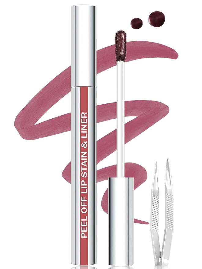 QCMME Lip Stain Peel Off Lip Liner Stain with Tweezer, Long Lasting Matte Lip Tint Tattoo, Highly Pigmented Color Lip Makeup, Waterproof Lipstick, Transfer-proof Lipstain for Women, Mauve