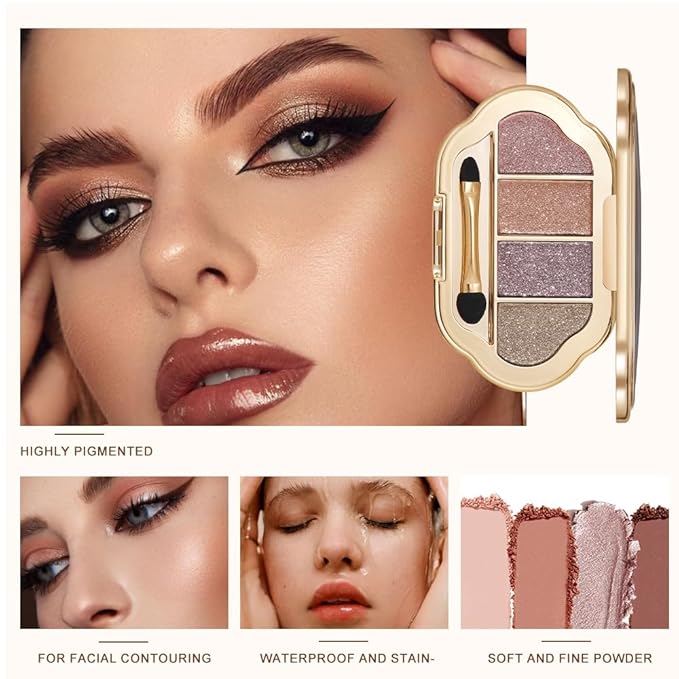 Nude Eyeshadow Palette 4 Colors, Champagne chocolate Matte & Shimmer Neutral Shades, Highly Pigmented Blendable Long-Lasting Powder, Smooth No-Fallout Daily Eye Makeup Palette and Natural Looks-B03#