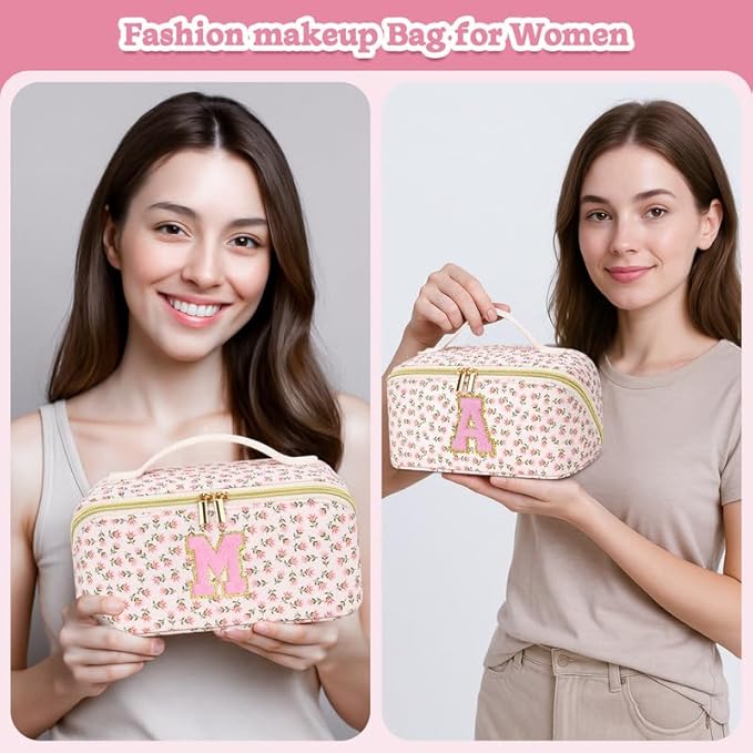 Personalized Travel Makeup Bag Set,Initial Travel Cute Floral Makeup Organizer Bag,Toiletry Skincare Cosmetic Bag,Valentine’s Day Gifts for Women/Girls,Open Flat Toiletry Pouch with Brush Pocket-S