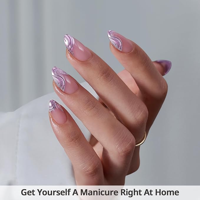 BTArtbox French Tip Press On Nails - Lamp-Curable Chrome Short Almond Press On Nails with Glue for Women, Semi-Transparent Soft Gel Glue On Nails in 16 Sizes - 32 Stick On Nails Kit, Mermaid Tail