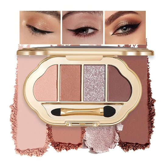 4 Colors Neutral Nude Matte & Shimmer Eyeshadow Palette,Peach Bronze Cocoa Neutral-Warm Mattes Glitter Eye shadow Contour Makeup Palette for Mature Women, Blue Green Eyes, Daily Natural Makeup.#1