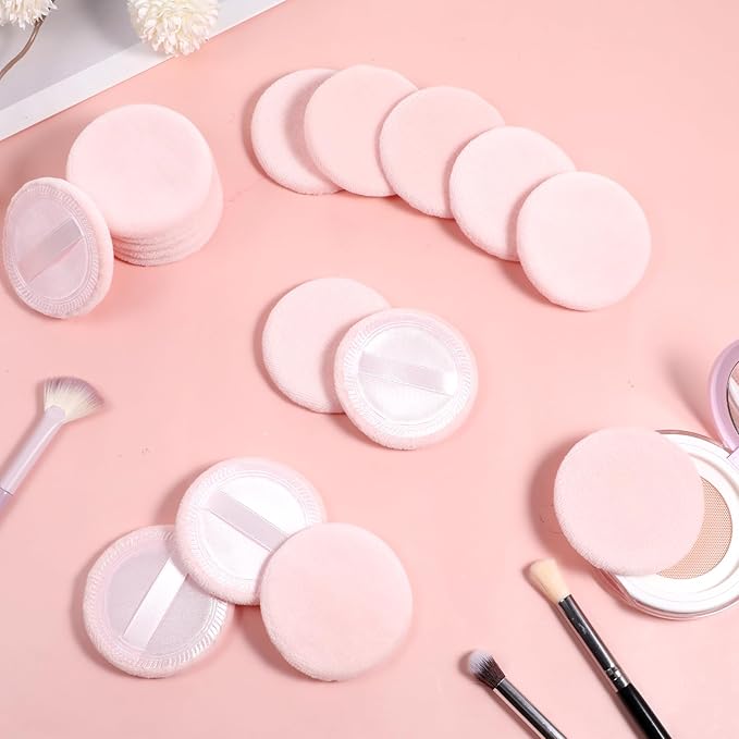 cobee 24 Pcs Round Powder Puffs, Makeup Powder Puff Soft Velour Makeup Pad With Ribbon, Setting Powders Puff Facial Make Up Eyeshadow Concealer Cosmetics Sponge Women(Pink)