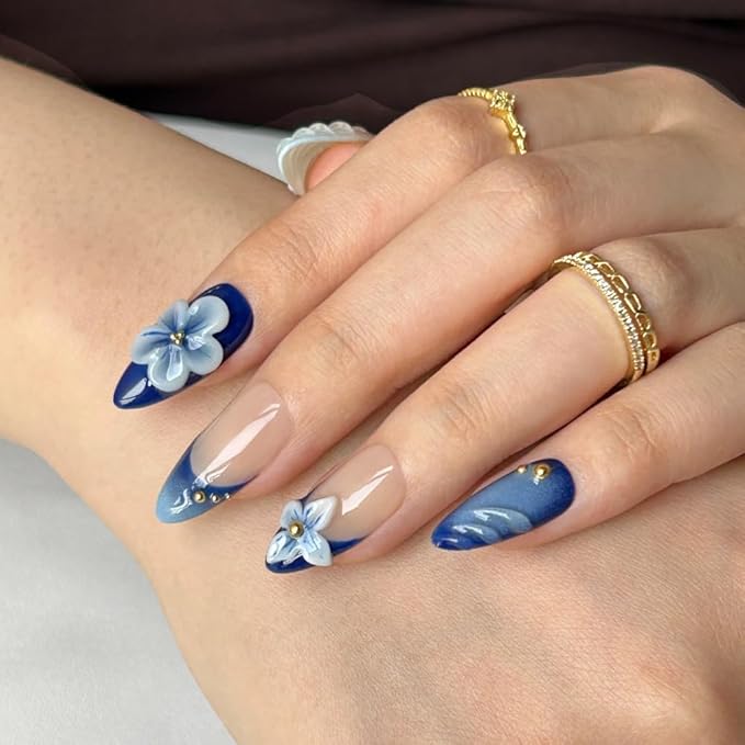Press On Nails - Medium Almond Handmade Unique Fake Nails, Cute Bow Nails, Thick Acrylic and Muti-Layer Gel False Nails, Reusable Gel Cured Sturdier 3D Fake Nails,DIY Art Decorate (Size S)