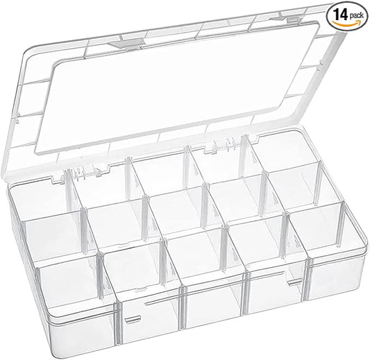 Exptolii 15 Large Grids Plastic Organizer Box with Dividers, Clear Compartment Container Storage for Washi Tapes Beads Crafts Jewelry Fishing Tackles, Size 11 x 6.3 x 2.2 in