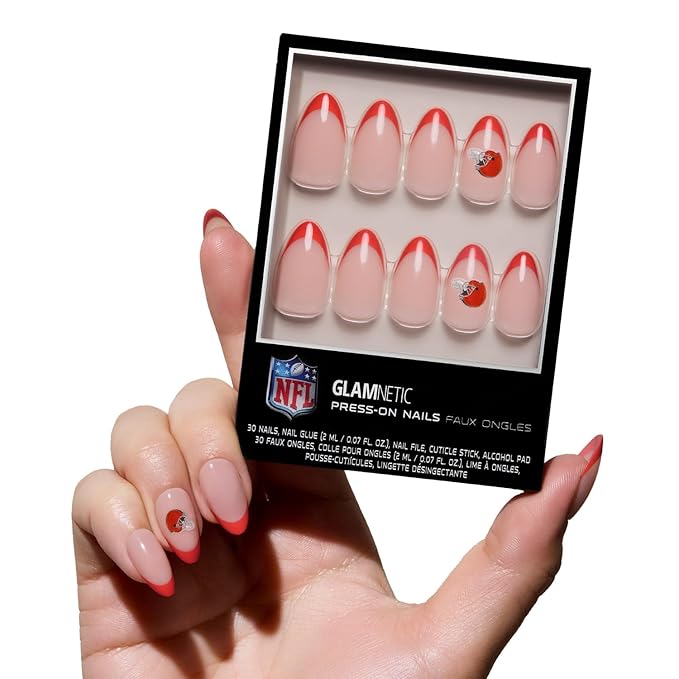 Glamnetic x Fanatics Press On Nails - Cleveland Browns | Short Almond Fake Nails, NFL Browns Orange French Tips, Football Nails, Salon-Quality | 15 Sizes - 30 Nail Kit with Glue