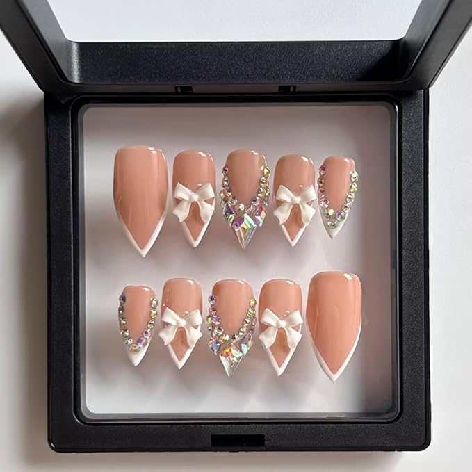 MAGLFELL Press on Nails Handmade Medium Length Almond Fake Nails, 3D French Salon Bow Design False Nails, 10 Pcs Reusable ABS Material Nail Tip Artificial Nails for Women (Size S)