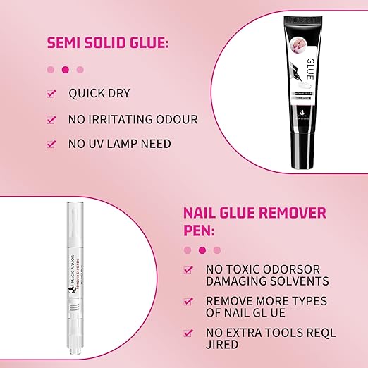 MAGIC ARMOR 15g Semi Solid Nail Glue Gel with 5ml Remover Glue Pen, Super Glue for Press On Nails, No UV Light Needed Long Lasting, Click Removal Pen Design 3-in-1 Remover