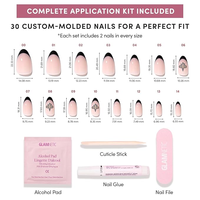 Glamnetic x Fanatics Press On Nails - New Orleans Saints | Short Almond Fake Nails, NFL Saints Black French Tips, Football Nails, Salon-Quality | 15 Sizes - 30 Nail Kit with Glue