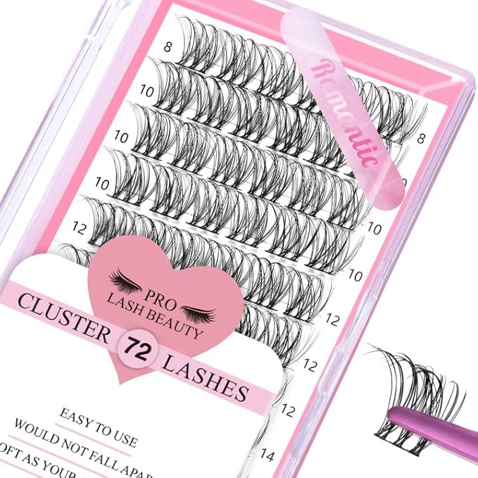 Cluster Lashes, 72 Pcs Individual Lashes, Lash Clusters DIY Eyelash Extension, Super Thin Band Reusable Soft & Comfortable (Romantic-D-8-16mix)