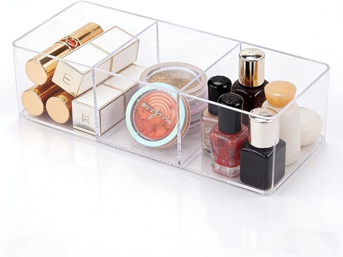 WECHENG Acrylic Makeup Organizer: Drawer Organizer for Bathroom - Stackable Cosmetic Display Cases for Vanity Countertop and Makeup Storage Containers (3-Compartment)