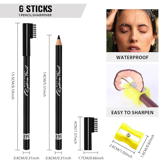 Eyebrow Pencils for Women with Sharpener, 6Pcs Hard-Core Wooden Eye Brow Eye Liner Pencils for Beginner Makeup, Waterproof & Sweat-Proof (6Pcs-Black)