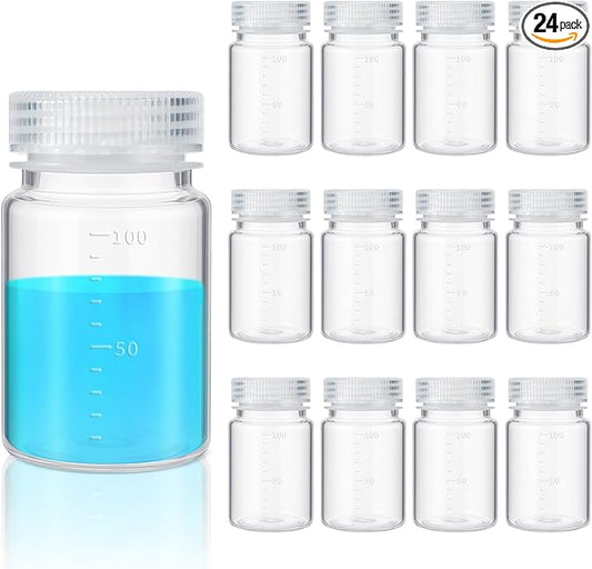 Tatuo 24 Pcs 3 oz 100ml Polypropylene Plastic Sample Bottles with Screw Caps Sample Containers with Lid for Liquids, Reagent, Pill, Travel, Laboratory, Storage at Home (Wide Mouth-white Scale)