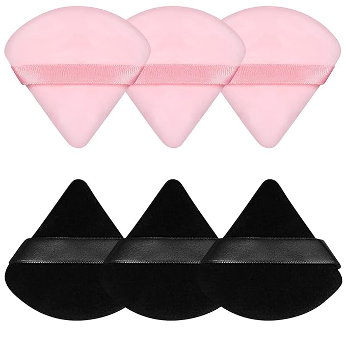 Pimoys 6 Pieces Powder Puff Valentines Day Gifts for Her Face Makeup Sponge Soft Velour Triangle Powder Puffs Beauty Sponge for Loose Powder (Black, Pink)