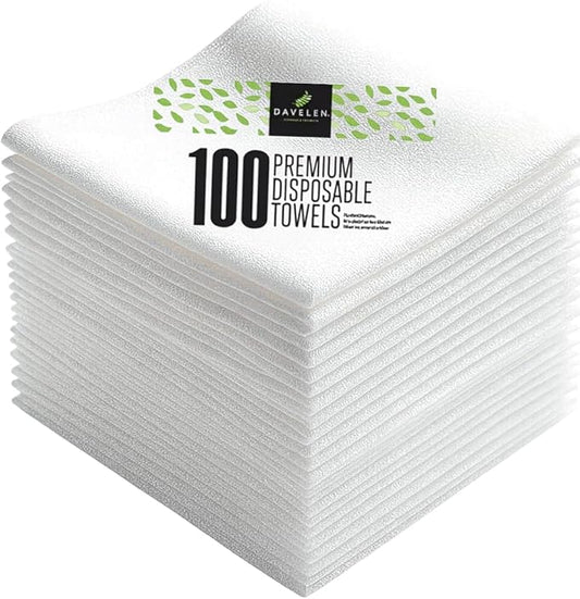 DAVELEN Disposable Large Luxury Towels (100-Count) Spa and Salon Quality Softness for Guests, Clients | Hair, Face, Body Use | Luxurious Comfort, Ecofriendly (100, 32x16 inches)