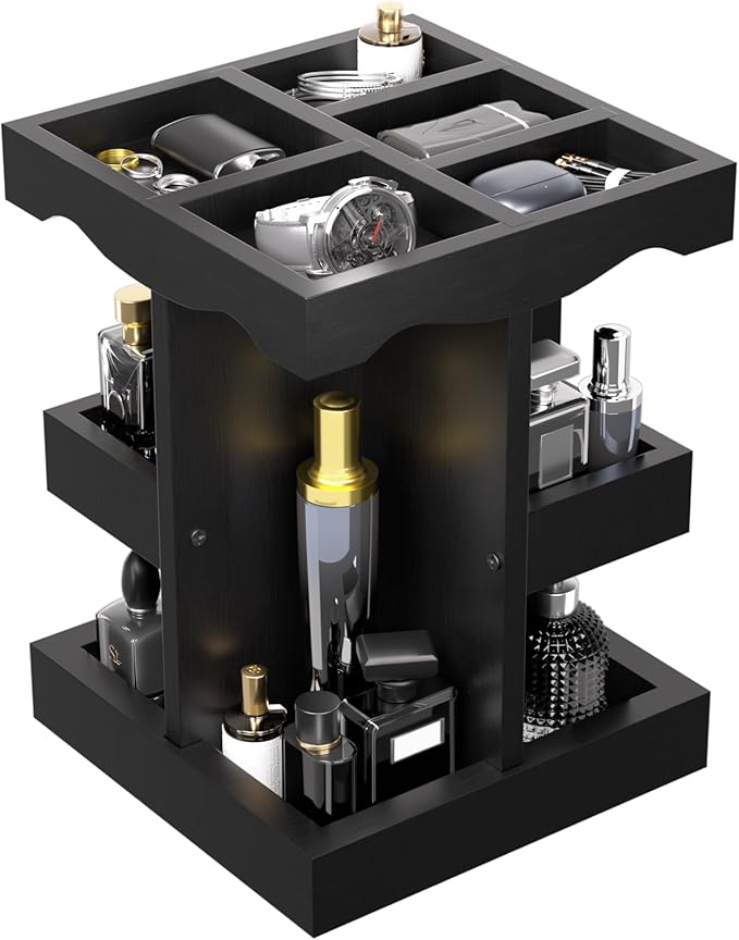 Rotating Cologne Organizer for Men - 3 Tier Cologne Stand - Wooden Large Capacity Perfume Stand Organizer for Mens Husband Perfume Holder for Bathroom Counter Cosmetics Display