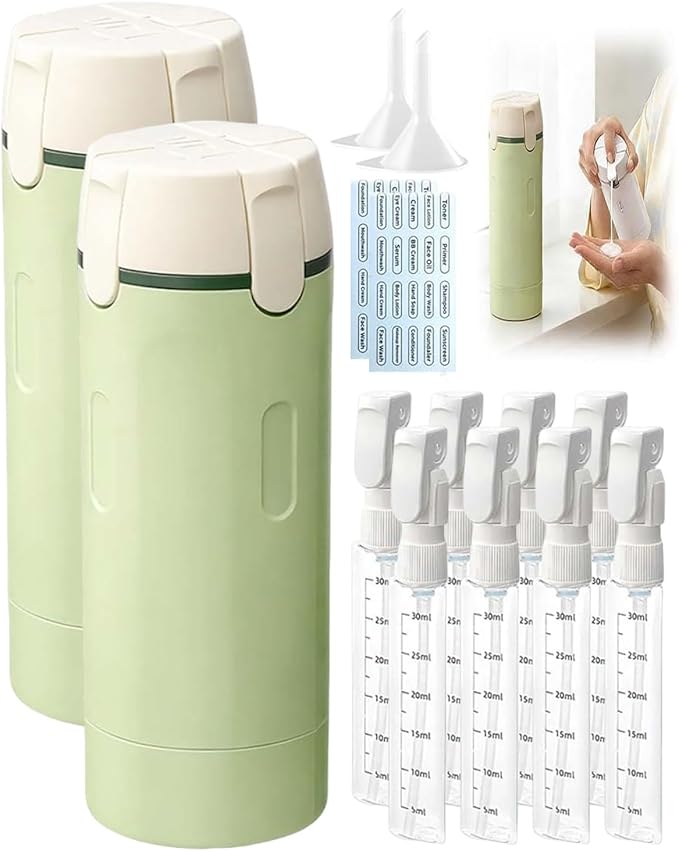 4 in 1 Travel Dispenser, Portable Leak Proof Refillable Squeeze Bottles with Label, 4 Pack 30ml Travel Size Bottle Set for Shampoo Lotion Conditioner Cream, Toiletry Storage Containers Gift (2Green)