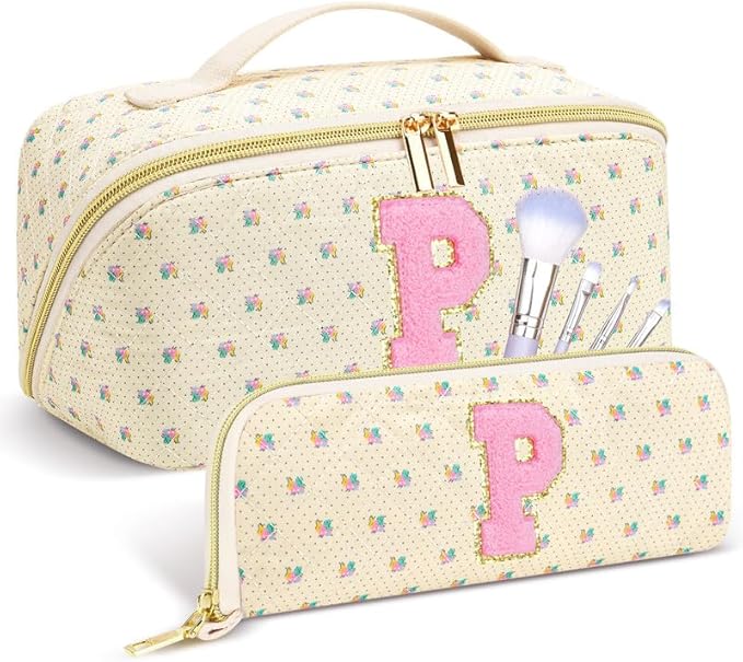 Personalized Travel Makeup Bag Set, Initial Travel Cute Floral Makeup Organizer Bag, Beige Toiletry Skincare Cosmetic Bag, Valentine’s Day Gifts for Women/Girls, Open Flat Toiletry Pouch Brush Bag