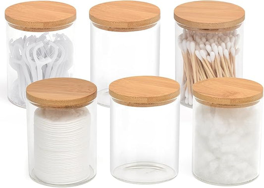 BKYFPQ 6 Pack Glass Qtip Holder Dispenser Set - Apothecary Jars with Lids for Vanity Makeup Organizer - Bathroom Canister Storage Organizer