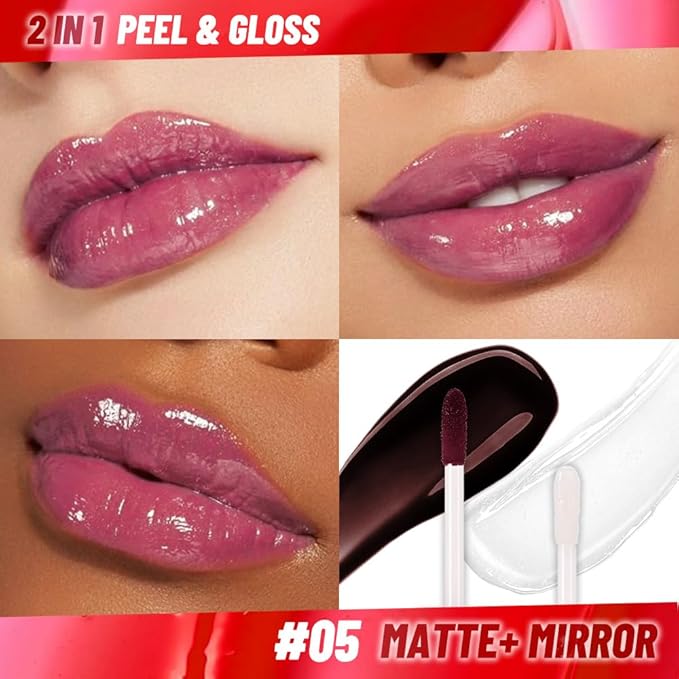 JUAAZIN Dark Raspberry Lip Stain Peel Off Lip Gloss oil Dual-Ended Combo, Lips Liner Stain Peel Off Tattoo, Long Lasting & Waterproof, Transfer-Proof Lip Tint Stain with Lip oil for All Skin Type 05#