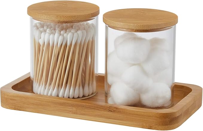 INIUNIK Qtip Holder With Vanity Tray, Glass Apothecary Jars With Lids for Bathroom, Cotton Ball Swab Pad Rounds Holder Canister Jars for Restroom Decorations and Organizer