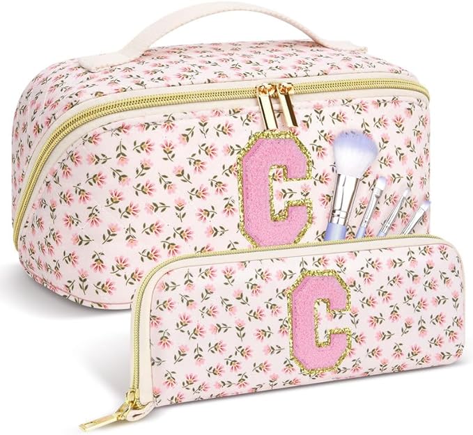 Personalized Travel Makeup Bag Set,Initial Travel Cute Floral Makeup Organizer Bag,Toiletry Skincare Cosmetic Bag,Valentine’s Day Gifts for Women/Girls,Open Flat Toiletry Pouch with Brush Pocket-S