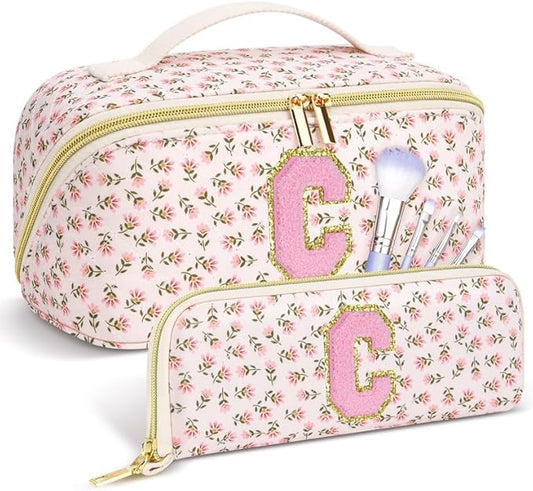 Personalized Travel Makeup Bag Set,Initial Travel Cute Floral Makeup Organizer Bag,Toiletry Skincare Cosmetic Bag,Valentine’s Day Gifts for Women/Girls,Open Flat Toiletry Pouch with Brush Pocket-S