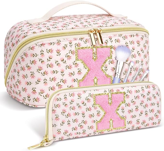 Personalized Travel Makeup Bag Set,Initial Travel Cute Floral Makeup Organizer Bag,Toiletry Skincare Cosmetic Bag,Valentine’s Day Gifts for Women/Girls,Open Flat Toiletry Pouch with Brush Pocket-S