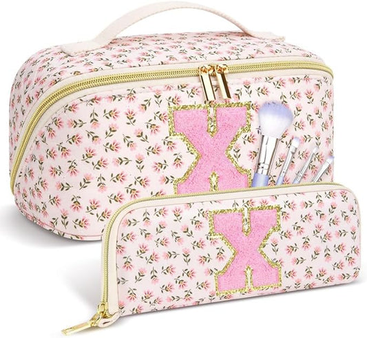 Personalized Travel Makeup Bag Set,Initial Travel Cute Floral Makeup Organizer Bag,Toiletry Skincare Cosmetic Bag,Valentine’s Day Gifts for Women/Girls,Open Flat Toiletry Pouch with Brush Pocket-S