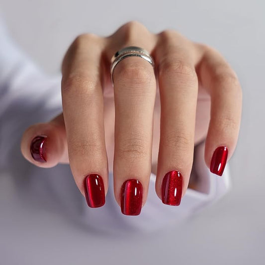 BTArtbox Press On Nails Red - Cat Eye Press On Nails Square for Gifts,Cherry Short Stick On Nails with Glue, Glossy Reusable Nail Tips in 15 Sizes - 30 Soft Gel Fake Nails Kit, Hot Love