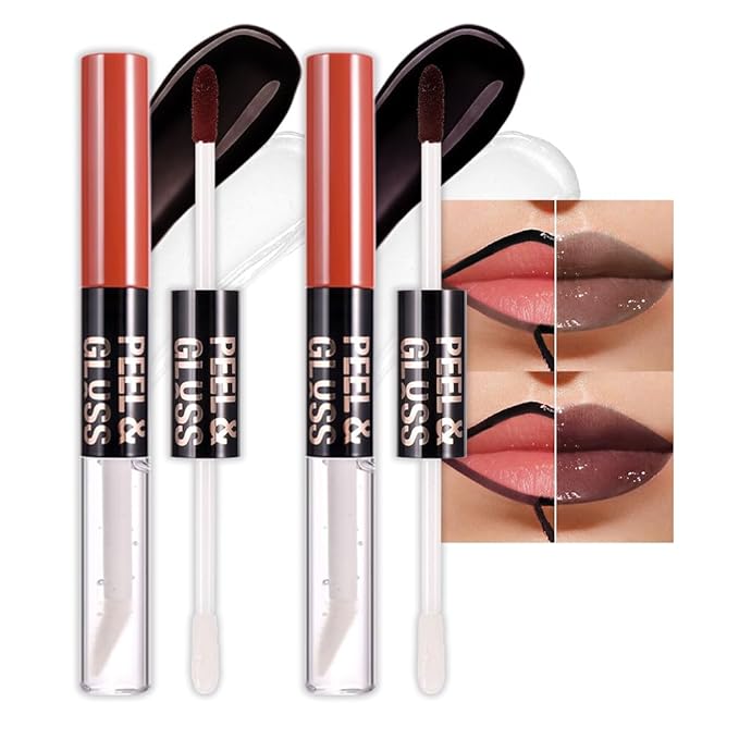 JUAAZIN 2Pcs Lip Stain Peel Off Lip Gloss oil Dual-Ended Combo, Lips Liner Stain Peel Off Masque, Long Lasting & Waterproof, Transfer-Proof Lip Tint Stain with Lip oil for All Skin Type 06#+07#