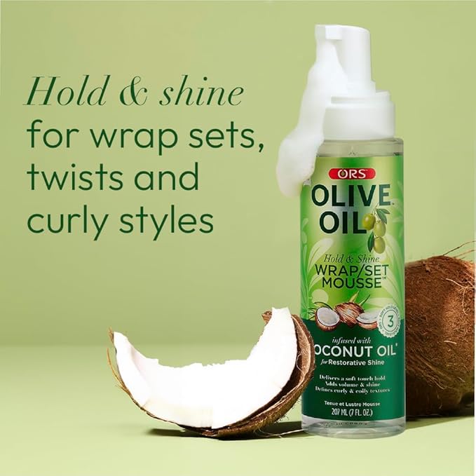 ORS Olive Oil Hold & Shine Wrap Set Mousse Infused with Coconut Oil for Restorative Shine 7 Ounce (Pack of 2)
