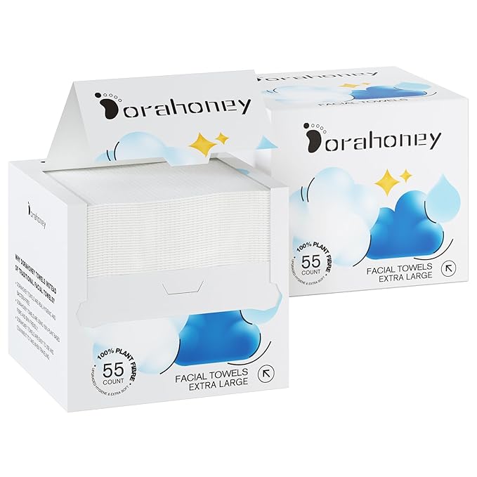 Dorahoney Disposable Face Towels, 12"×12" Extra Large Face Towelettes, Ultra Soft Facial Towels for Sensitive Skin, Makeup Remover Dry Wipes, 110 Count (2 Packs of 55)