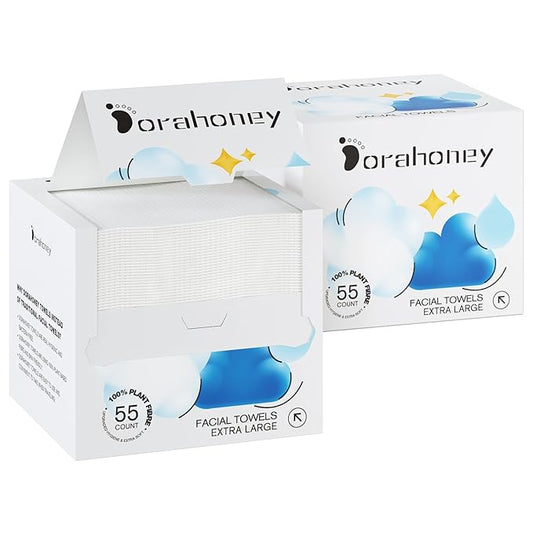 Dorahoney Disposable Face Towels, 12"×12" Extra Large Face Towelettes, Ultra Soft Facial Towels for Sensitive Skin, Makeup Remover Dry Wipes, 110 Count (2 Packs of 55)