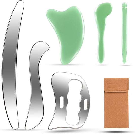 Stainless Steel Muscle Scraper Tool 6 in1 Gua Sha Facial Tools Body Gua Sha Tools Jade Stone Scraper Tool Massage Used for Back, Legs, Arms,Neck,Shoulder