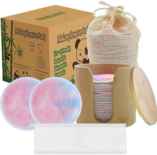 Sopurrrdy Reusable Cotton Rounds, 100% Natural Bamboo Cotton Pads for Face|Reusable Makeup Remover Pads with Laundry Bag,Headband and Cotton Round Holder (Colorful)