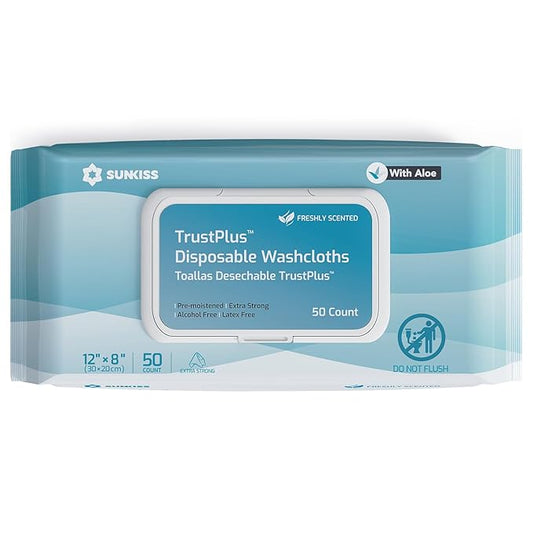 SUNKISS Trustplus Wet Wipes for Adult No Rinse, Extra Large 8”x12” Body Cleaning Washcloths for Elderly Incontinence & Cleansing, Fresh Scented, 50 Count