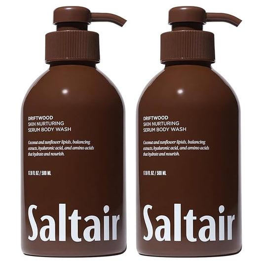 Saltair Body Wash, Driftwood 2-Pack. Moisturizing Body Cleanser with Hyaluronic Acid - Luxury Shower Gel for Women and Men. Vegan, Cruelty-Free, Paraben-Free. 2x 17oz Pump Bottles