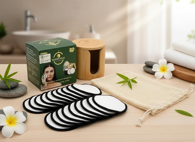 GlowCycle Eco-Luxury Ultra-Soft Reusable Makeup Remover Pads (20 Pack) – Bamboo Cotton Rounds with Storage Box & Laundry Bag – Washable & Gentle for Sensitive Skin