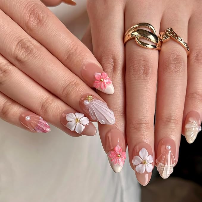 MAGLFELL Press On Nails - 3D Almond Handmade Unique French Fake Nails, Thick Acrylic and Muti-Layer Gel False Nails, Reusable Gel Cured Sturdier Fake Nails (Size S)
