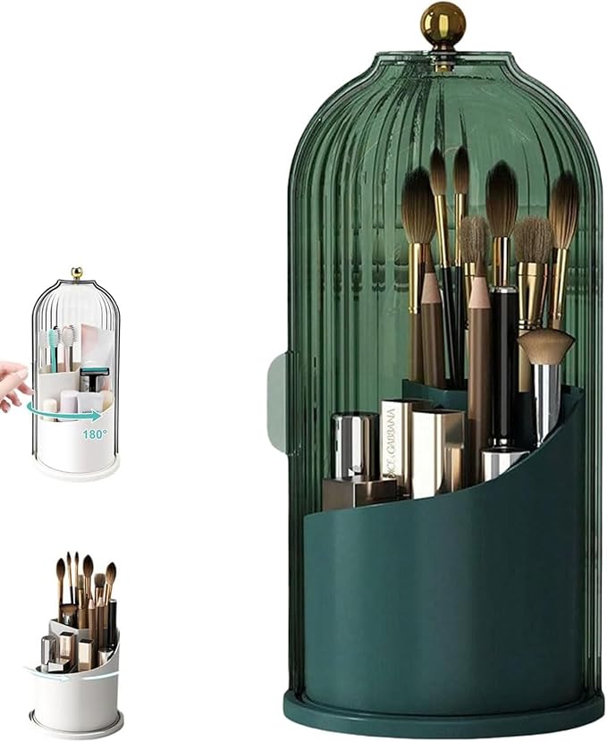 Concealed Toothbrush Holder with Sliding Lid, 360° Rotating Makeup Brush Organizer, Dustproof Storage Tube for Vanity Countertop, Portable Cosmetic & Tool Case (Green)