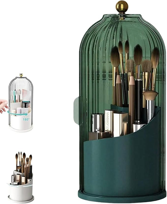 Concealed Toothbrush Holder with Sliding Lid, 360° Rotating Makeup Brush Organizer, Dustproof Storage Tube for Vanity Countertop, Portable Cosmetic & Tool Case (Green)