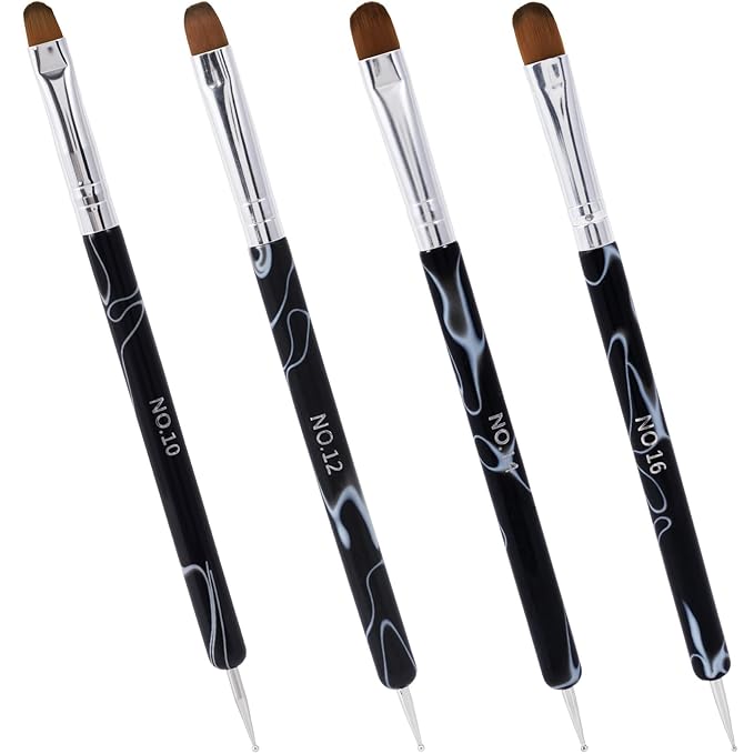 SmallCat 4 Pcs Double Ended Builder Gel Brush, Hard Gel Brush, Gel Brushes for Nails, Acrylic Nail Brush for Design Nails Professional Nail Art, Size 10#,12#, 14#, 16# (Marble Black)