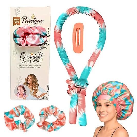 PURELYNE Heatless Hair Curler | 5PC No Heat Curling Rod Headband | With Satin Bonnet, Curler, 2 Scrunchies & Claw Clip Set | Curl Kit for Women & Girls (Cotton Candy, Medium)