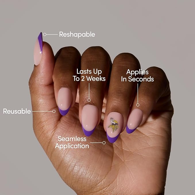 Glamnetic x Fanatics Press On Nails - Minnesota Vikings | Short Almond Fake Nails, NFL Vikings Purple French Tips, Football Nails, Salon-Quality | 15 Sizes - 30 Nail Kit with Glue Glue