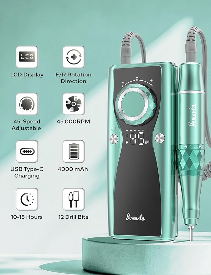 Electric Nail Drill Professional Kit: 45,000 RPM USB Rechargeable Efile Nail Drill Nail File with 12 Bits for Polishing Gel/Acrylic Nails- Portable Manicure Tool Set for Salon/Home-Green