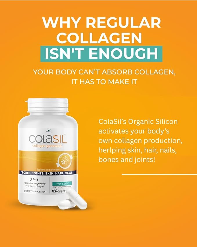 Colasil Collagen Booster Capsules – Organic Silica (OSA) + Hydrolyzed Collagen Generator Supplement for Hair, Skin, Nails, Bones & Joints – High Absorption, Non-GMO, Allergen-Free, 120 Capsules